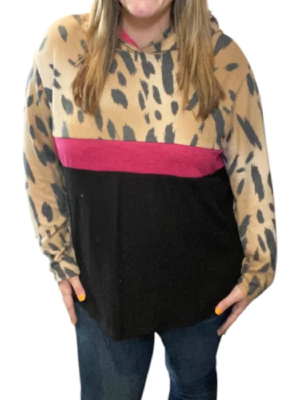 Animal Print Hoodie In Taupe/magenta