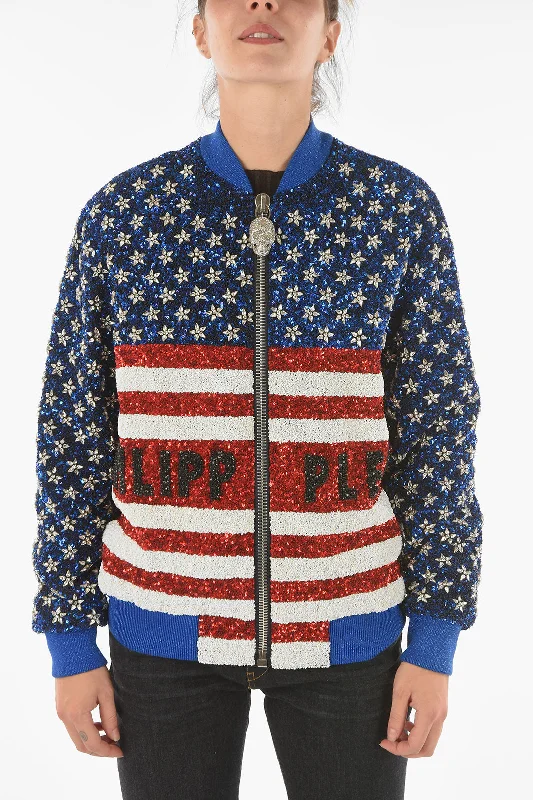 Philipp Plein COUTURE All-Over Sequine and Crystal AMERICA Bomber Jacket