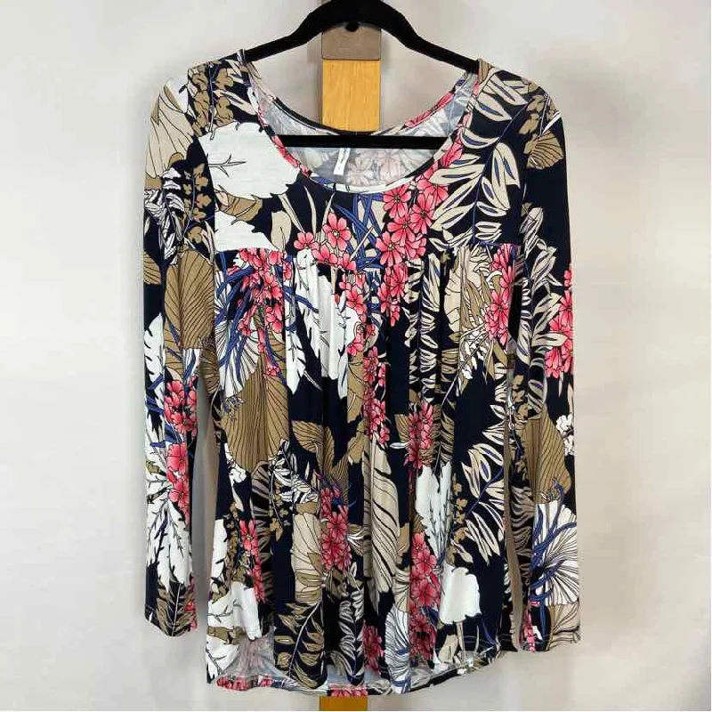 Longyuan Women's Size L Navy Floral Long Sleeve Shirt