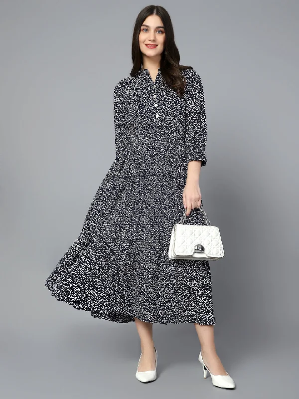 Women's Casual Mandarin Collar Navy Ditsy Print Fit & Flared Dress