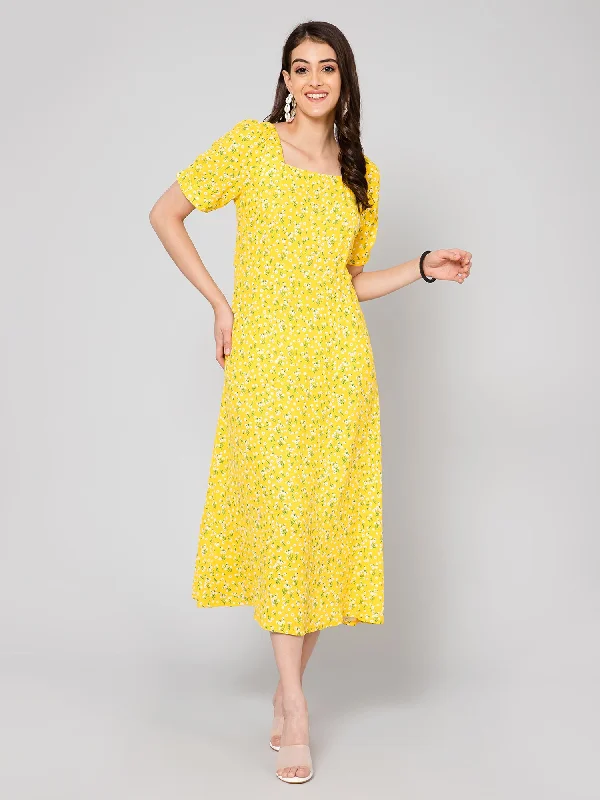 Women's Casual Square neck Yellow Ditsy Floral Print A line Dress