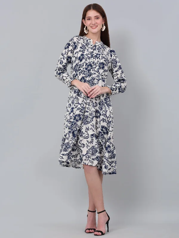 Women's Casual Mandarin collar Blue Floral Print Fit & Flared Dress