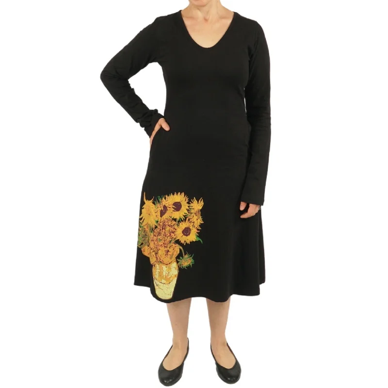 Van Gogh Sunflowers Long Sleeve A-Line Dress (No Waist Seam) [FINAL SALE]