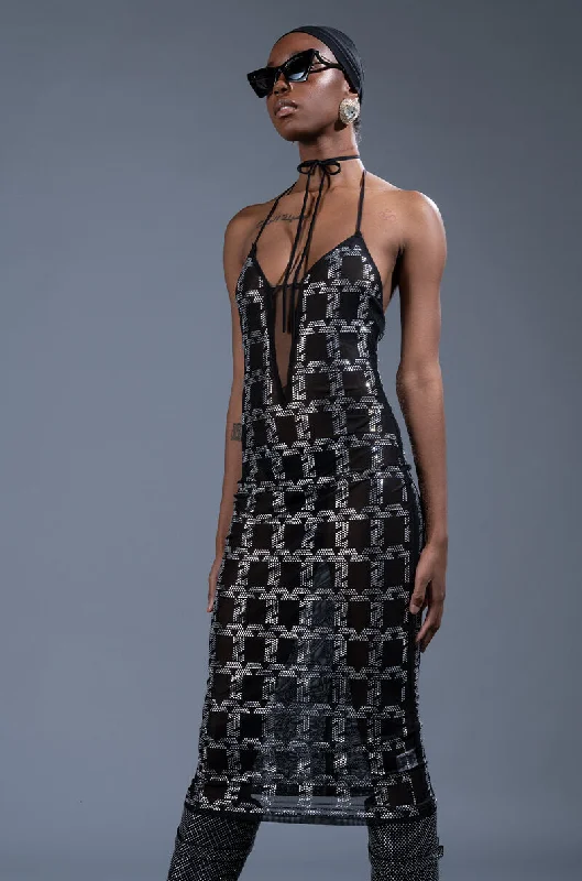 CHAIN ME UP RHINESTONE MESH MIDI DRESS