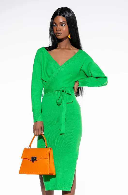 CLASSY WRAP TOP SWEATER MIDI DRESS GREEN