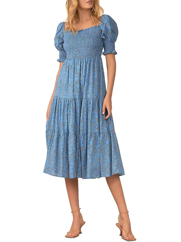 Womens Smocked Calf Midi Dress