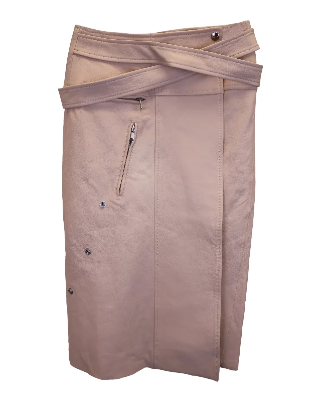 Alexander McQueen Belted Wrap Skirt in Pastel Pink Lambskin Leather