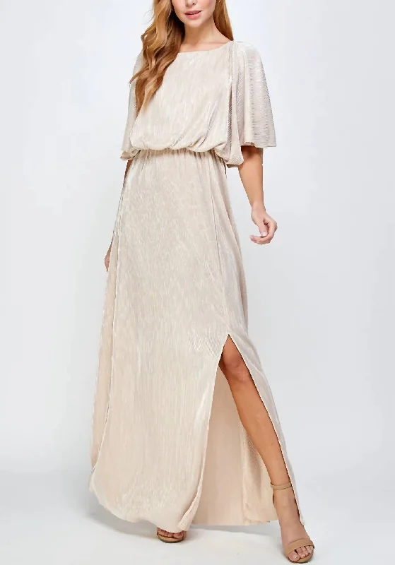 CAPE STYLE METALLIC STRIPE PLEATS MAXI DRESS in Gold