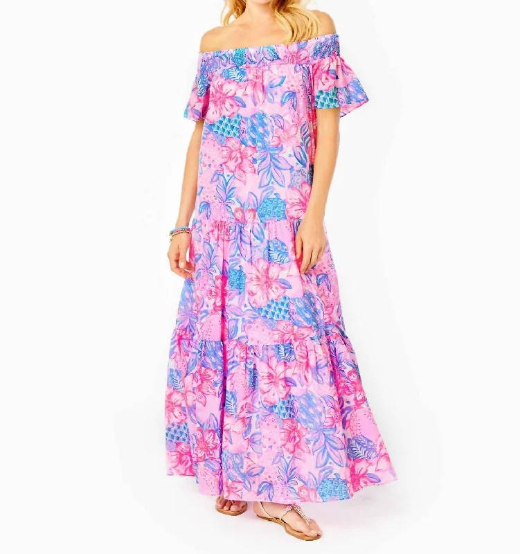 Dezi Off The Shoulder Maxi Dress in Pink Isle Snappy Turtle