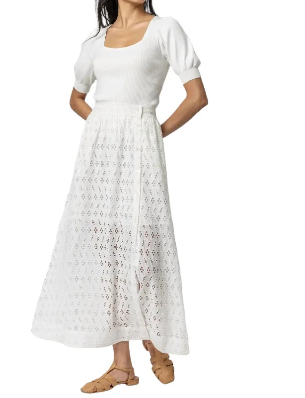 Eyelet Side-Button Maxi Skirt In White