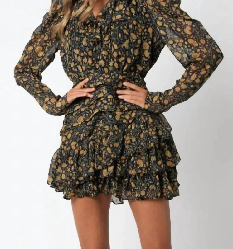 Floral Chiffon Mini Dress In Dark Navy And Mustard