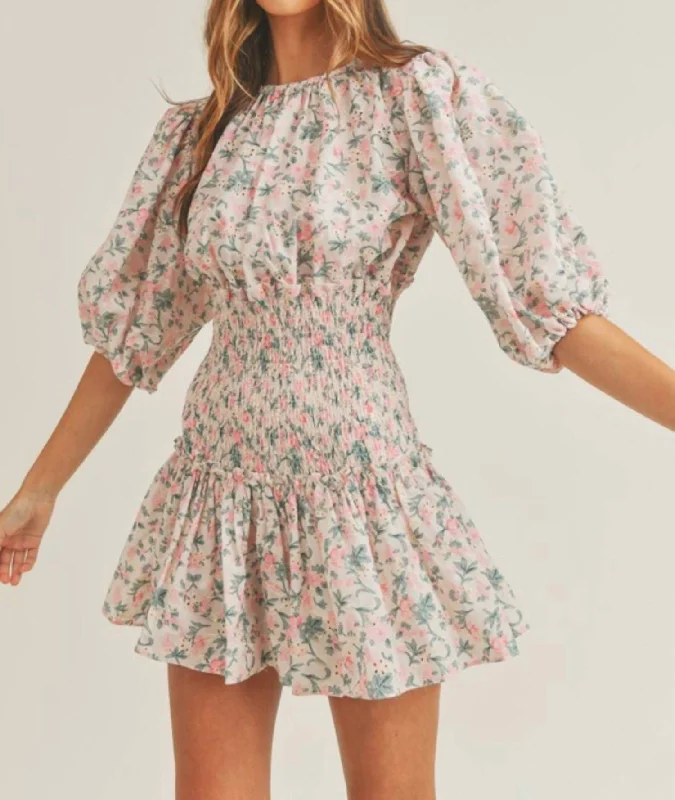 Floral Print Eyelet Mini Dress In Beige