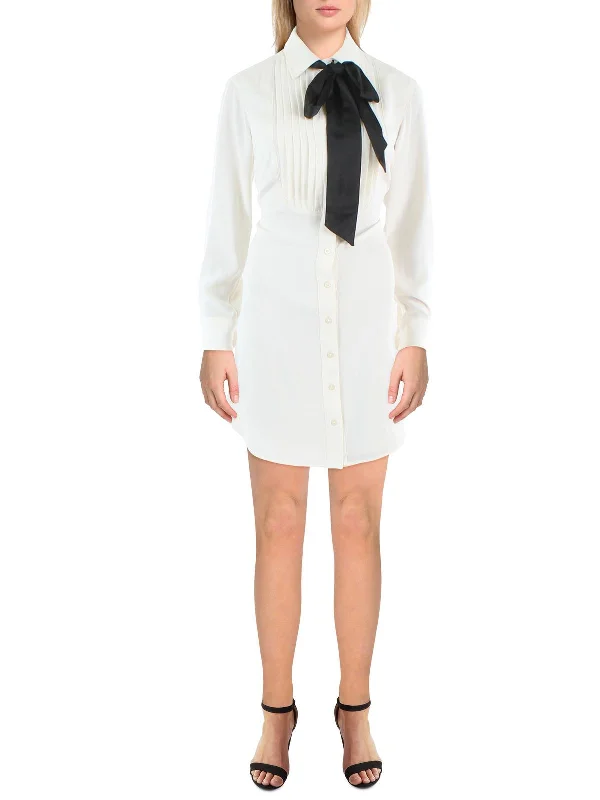 Georgette Womens Tie Neck Mini Shirtdress