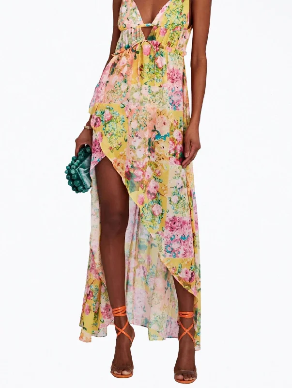 Madison Floral-Print Asymmetric Chiffon Maxi Dress In Yellow