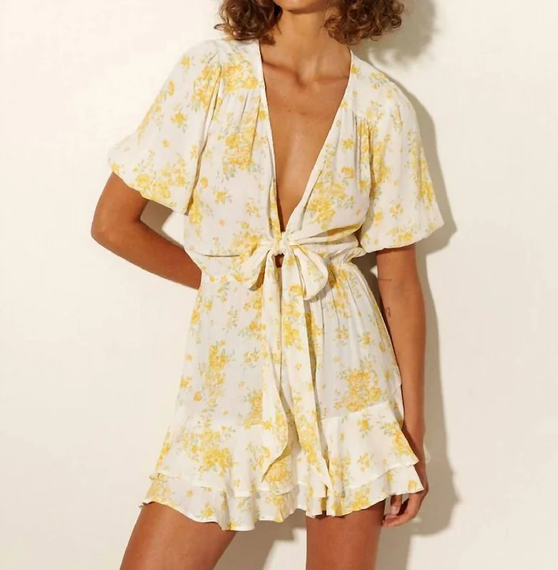 Marielle Mini Tie Front Dress In Yellow Ditsy