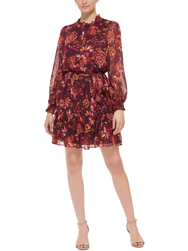 Petites Womens Floral Mini Fit & Flare Dress