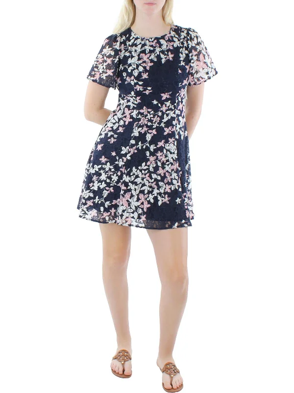 Petites Womens Floral Mini Fit & Flare Dress