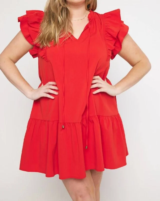 Ruffle Sleeve Mini Dress In Red