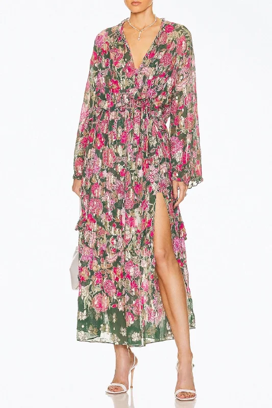 Sabi Ruffled Chiffon Kaftan Maxi Dress in Pine Green