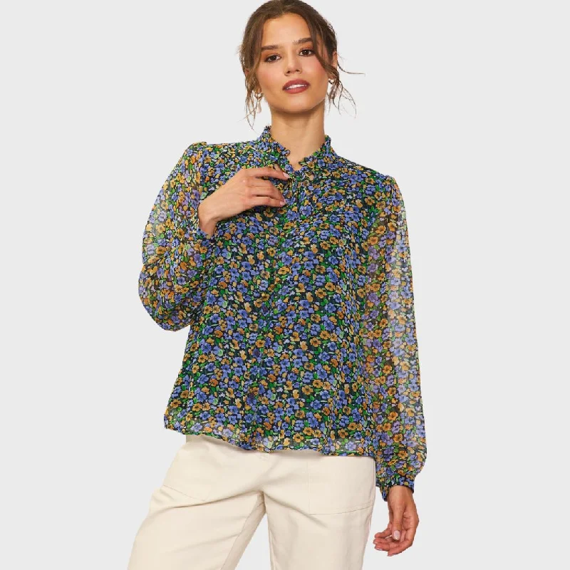 Daisy Print Neck Tie Blouse (Spearmint + Navy)