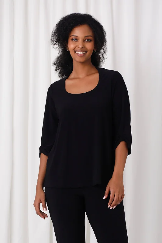 Jewel Neck Smocked Sleeve Top | Black