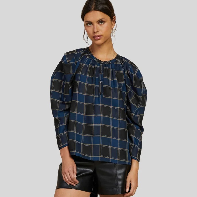 Plaid Puff Sleeve Top (Black + Navy Plaid)