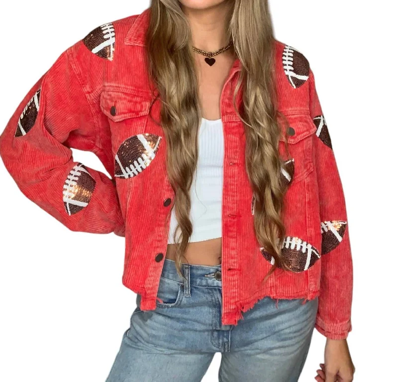 Gameday Football Patch Sequin Shacket In Red