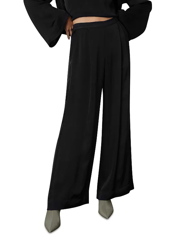 Womens Sateen Pleated Wide Leg Pants