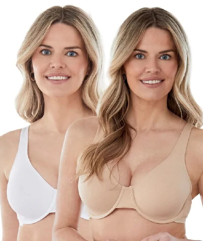 Bestform Unlined Cotton Stretch T-Shirt Bra with Underwire 2 Pack - Sand/White