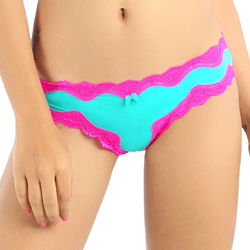 Bikini Lace Thong Panty - Teal With Pink