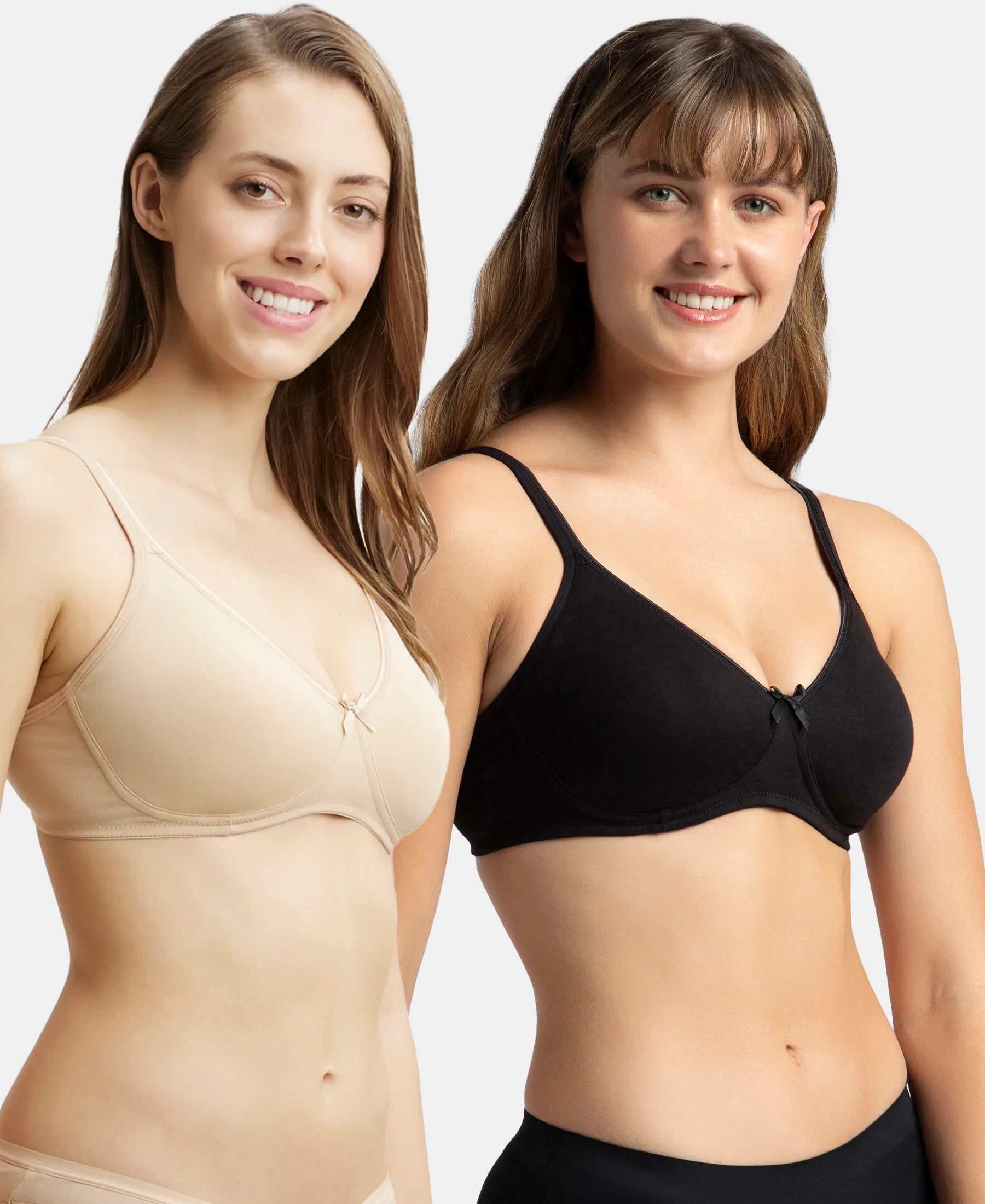 Pack of 2 Wirefree Non Padded Super Combed Cotton Elastane Stretch Medium Coverage Everyday Bra with Concealed Shaper Panel - Black & Skin