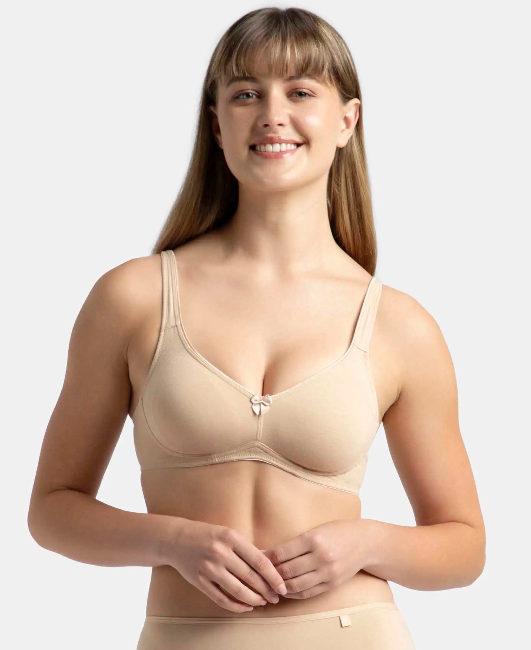 Wirefree Non Padded Super Combed Cotton Elastane Stretch Full Coverage Everyday Bra with Contoured Shaper Panel and Adjustable Straps - Skin