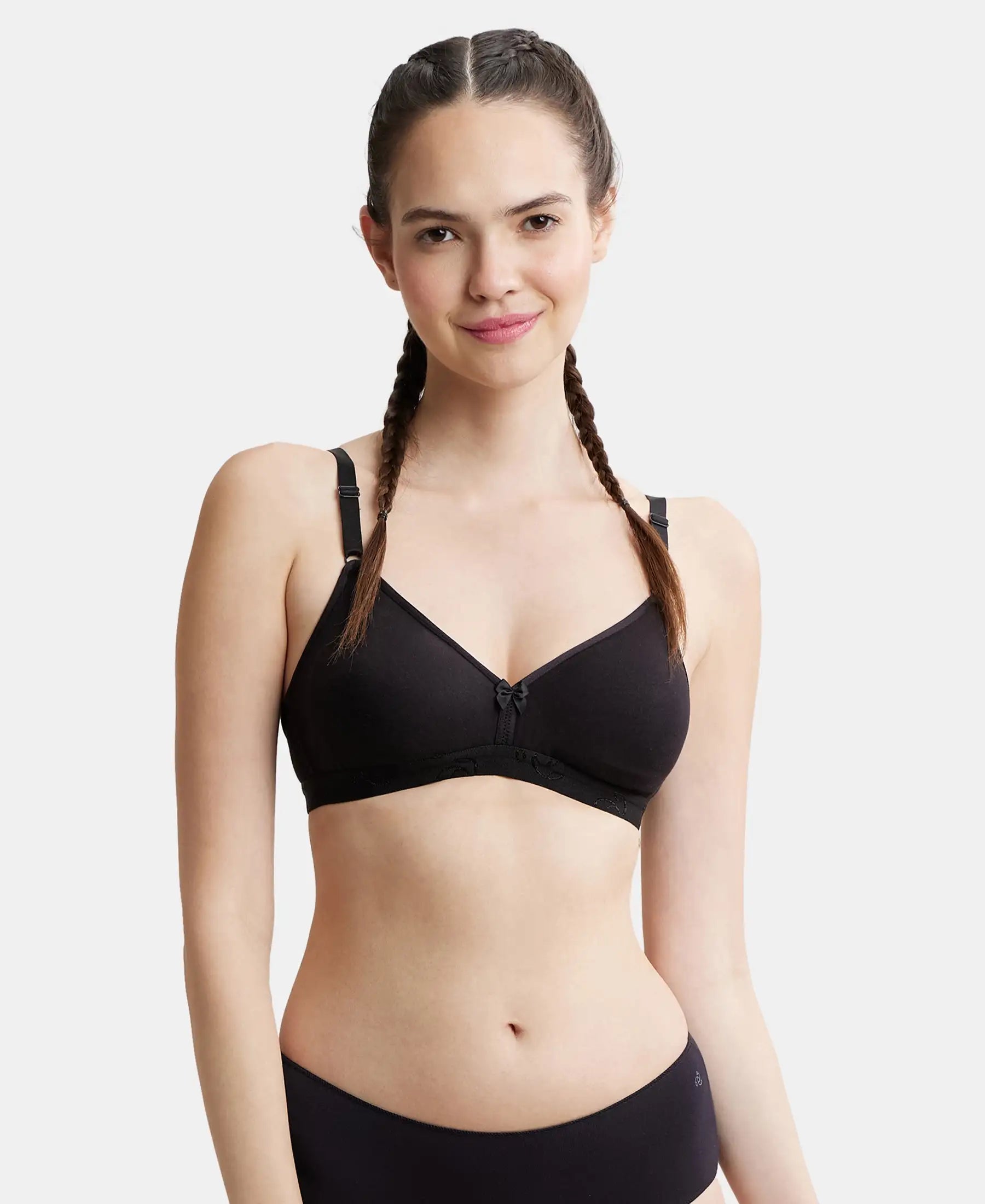 Wirefree Non Padded Super Combed Cotton Elastane Stretch Everyday Bra with Ultrasoft and Durable Underband - Black